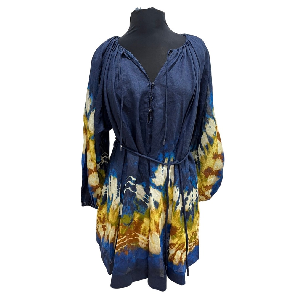 Alemais Martine Mini Dress Navy Tie Dye Ramie Long Sleeve Size 6 US 10 AU/UK